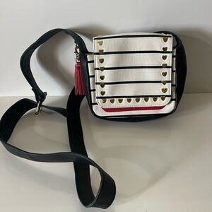 Betsey Johnson Mini Saddle Bag with Hearts Black/White Crossbody